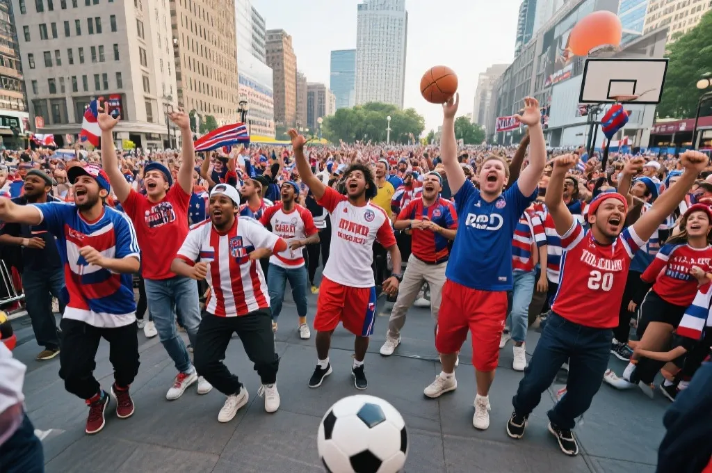 球迷穿着足球和篮球元素服饰，热烈庆祝在城市广场